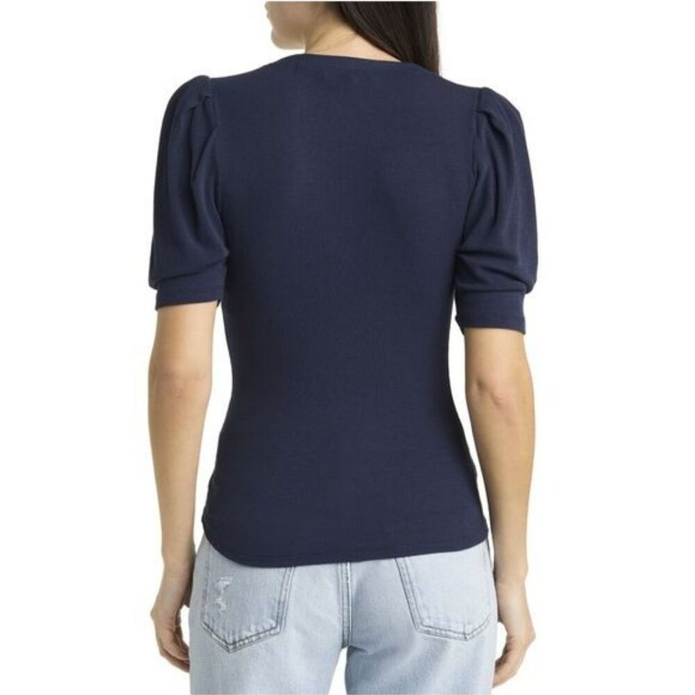 Frame Women's Rib Ruched Sleeve Henley Tee V -neck Small Navy New with Tag - Picture 2 of 6